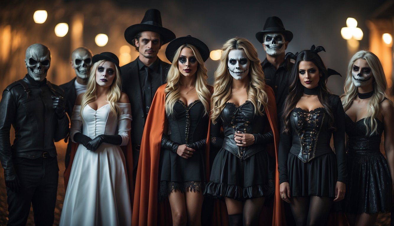 A group of scary adult Halloween costumes standing together, including couples costumes Scary Adult Halloween Costumes