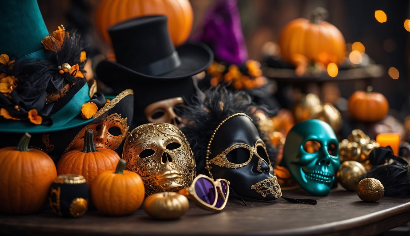 A table scattered with costume accessories for Halloween. Masks, hats, wigs, and props in vibrant colors and various styles Costumes Halloween