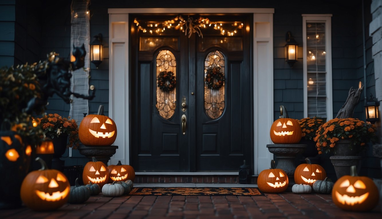 A front door adorned with Halloween decorations, a ring doorbell with spooky sound effects, and motion-activated lights illuminating the pathway How to Set Up Halloween Ring Doorbell