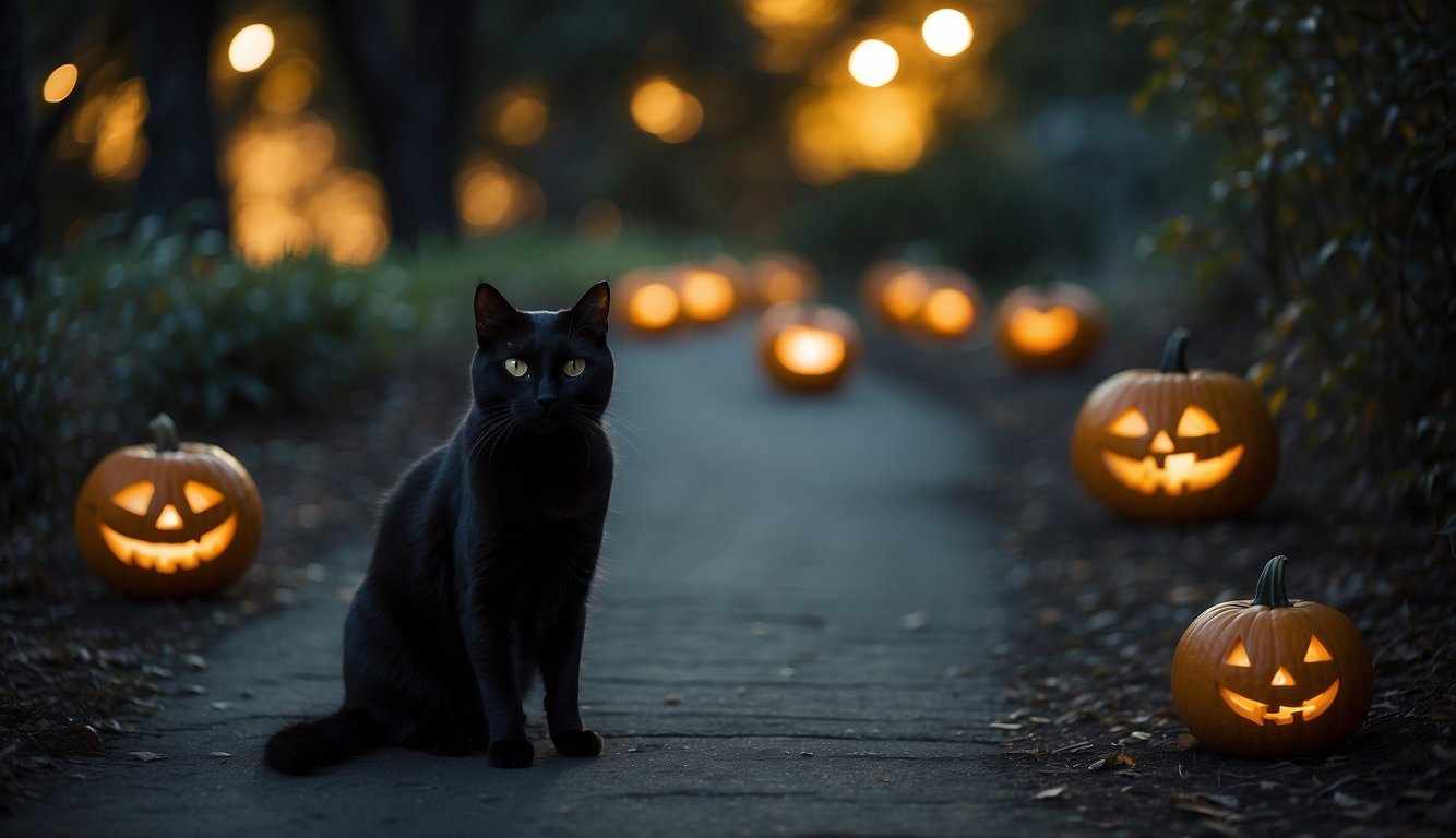 A black cat crossing a moonlit path on Halloween, surrounded by eerie shadows and glowing jack-o-lanterns How Many Black Cats Get Killed on Halloween