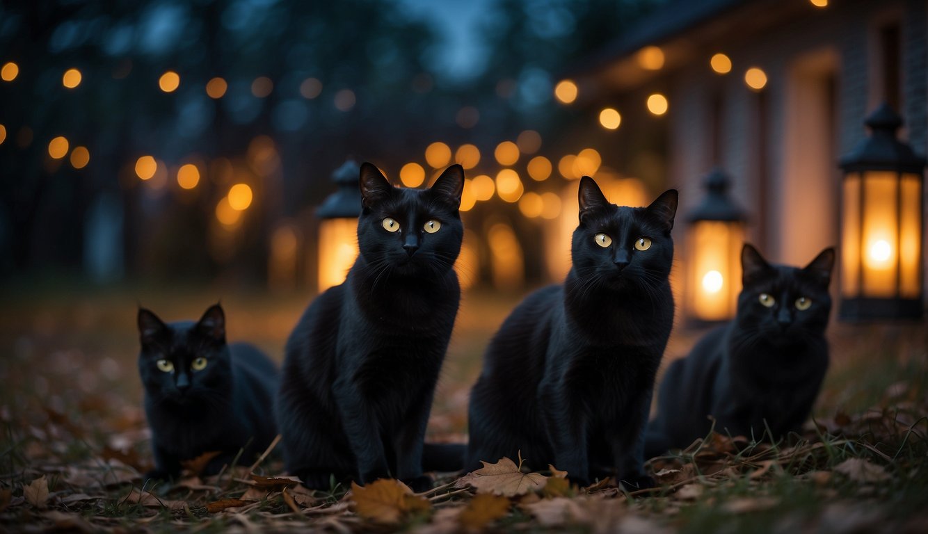 A group of black cats gather in a moonlit October night, surrounded by eerie decorations. Their eyes glow with curiosity and caution How Many Black Cats Get Killed on Halloween