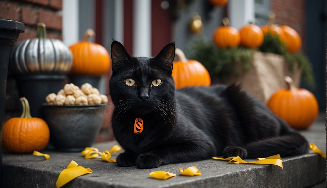 A black cat sits on a doorstep, surrounded by caution tape and Halloween decorations. A bowl of pet-friendly treats sits nearby How Many Black Cats Get Killed on Halloween