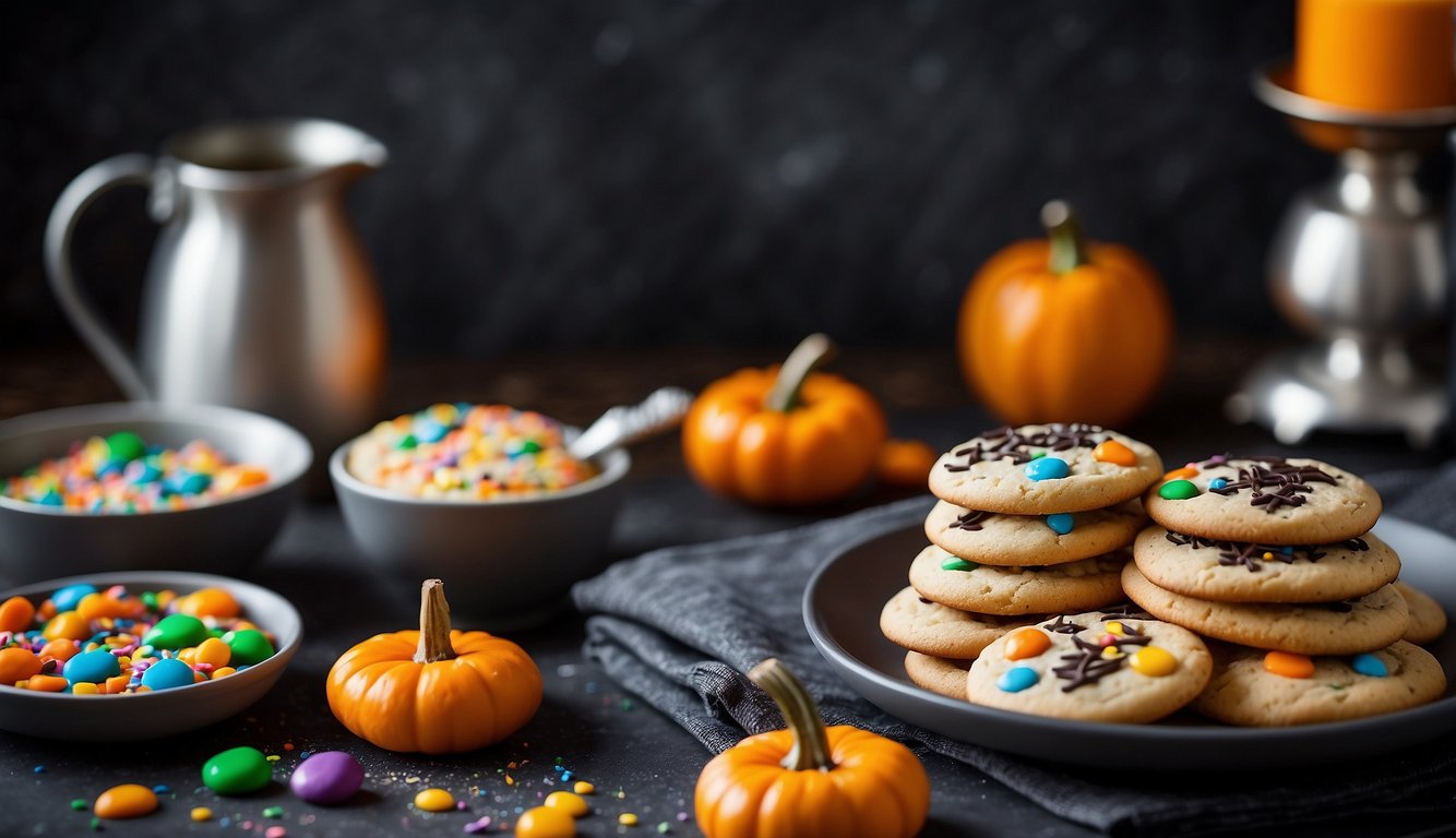 A kitchen counter with Halloween-themed cookie cutters, rolling pin, and bowls of colorful icing and sprinkles. A recipe book and laptop open to "How to Get Halloween Cookies" on the counter How to Get Halloween Cookies in Cookie Clicker
