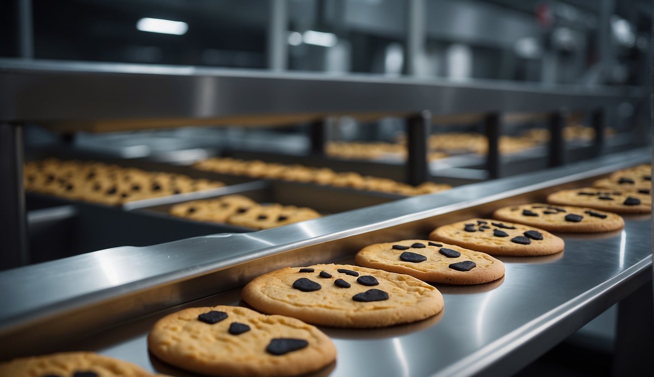 A busy factory with conveyor belts producing Halloween-themed cookies. Machines are mixing dough, cutting shapes, and decorating with spooky designs How to Get Halloween Cookies in Cookie Clicker