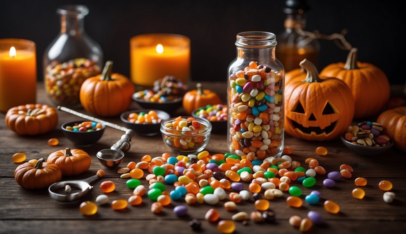 A table with assorted Halloween candy spread out. A magnifying glass hovers over a piece, while a checklist of inspection steps sits nearby How to Check Halloween Candy