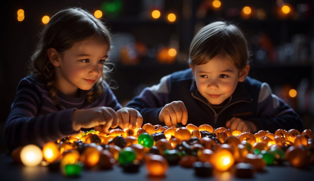 Children inspecting Halloween candy for safety, using flashlights and magnifying glasses. Sorting through piles of treats, checking for any signs of tampering or unusual packaging How to Check Halloween Candy