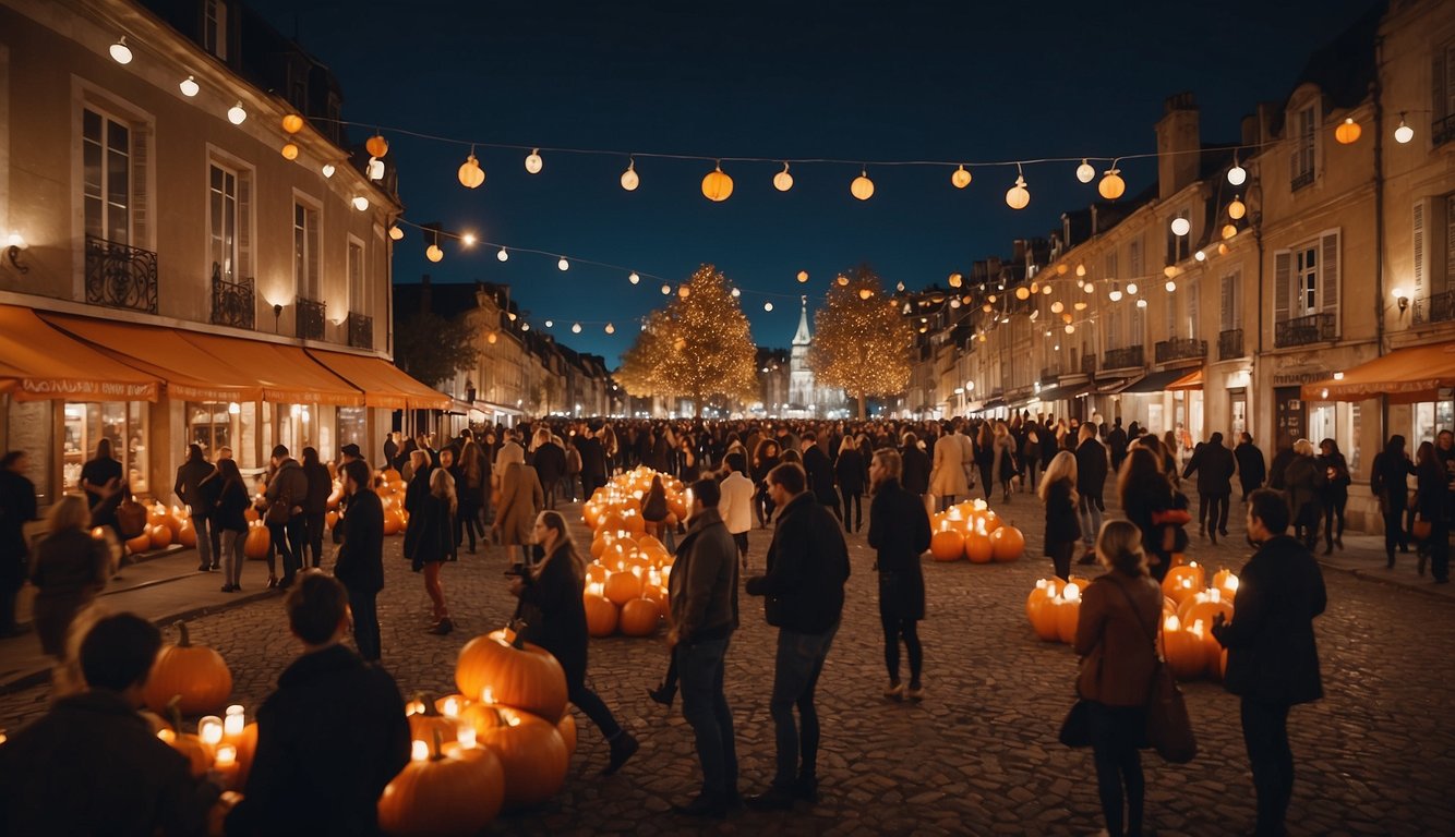 A group of people gather in a French town square, surrounded by colorful decorations and jack-o-lanterns. They are enjoying live music, dancing, and indulging in traditional Halloween treats and drinks How Does France Celebrate Halloween