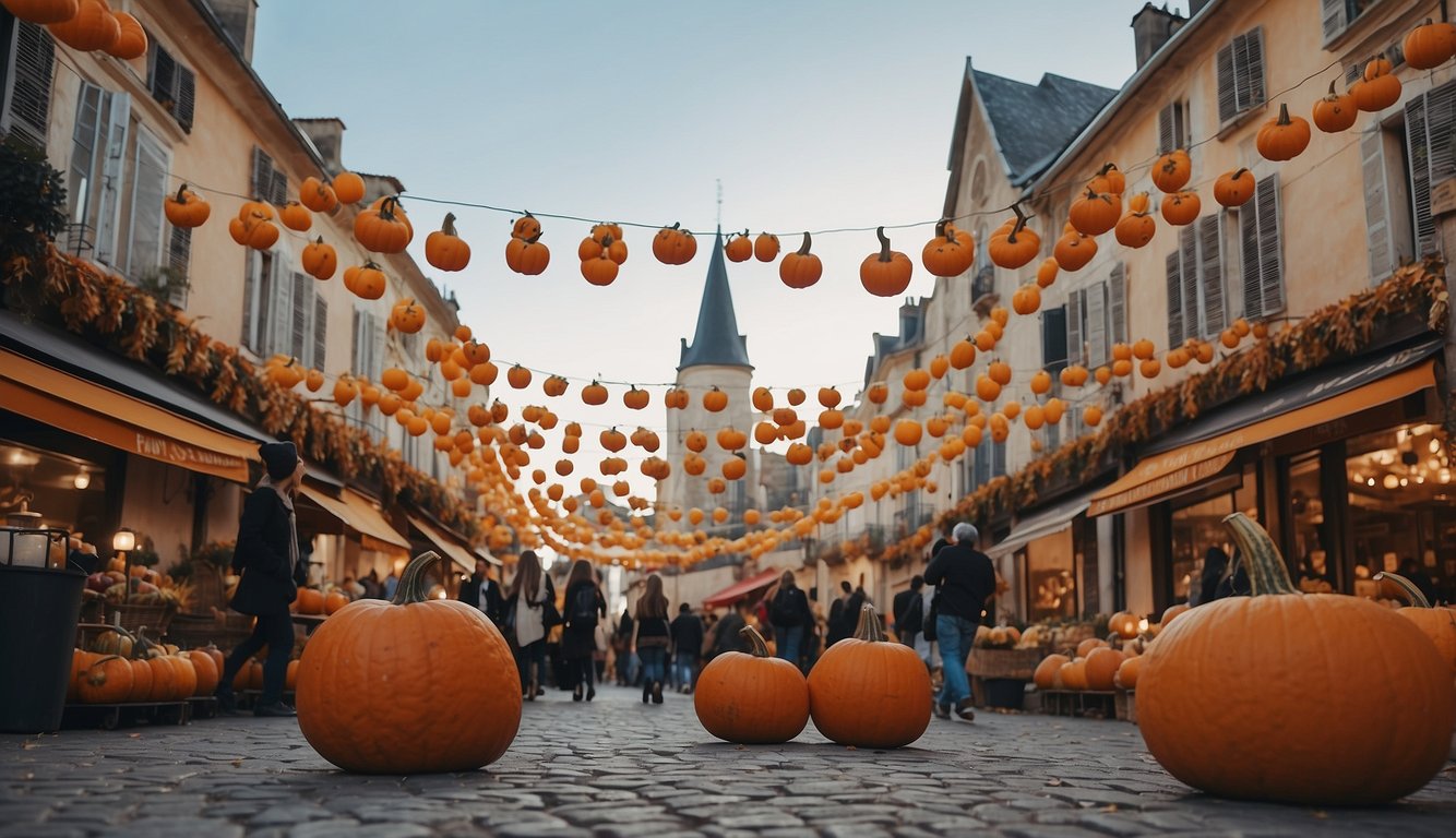 A festive street with decorated buildings, pumpkins, and costumed figures. French flags and traditional Halloween symbols adorn the scene How Does France Celebrate Halloween