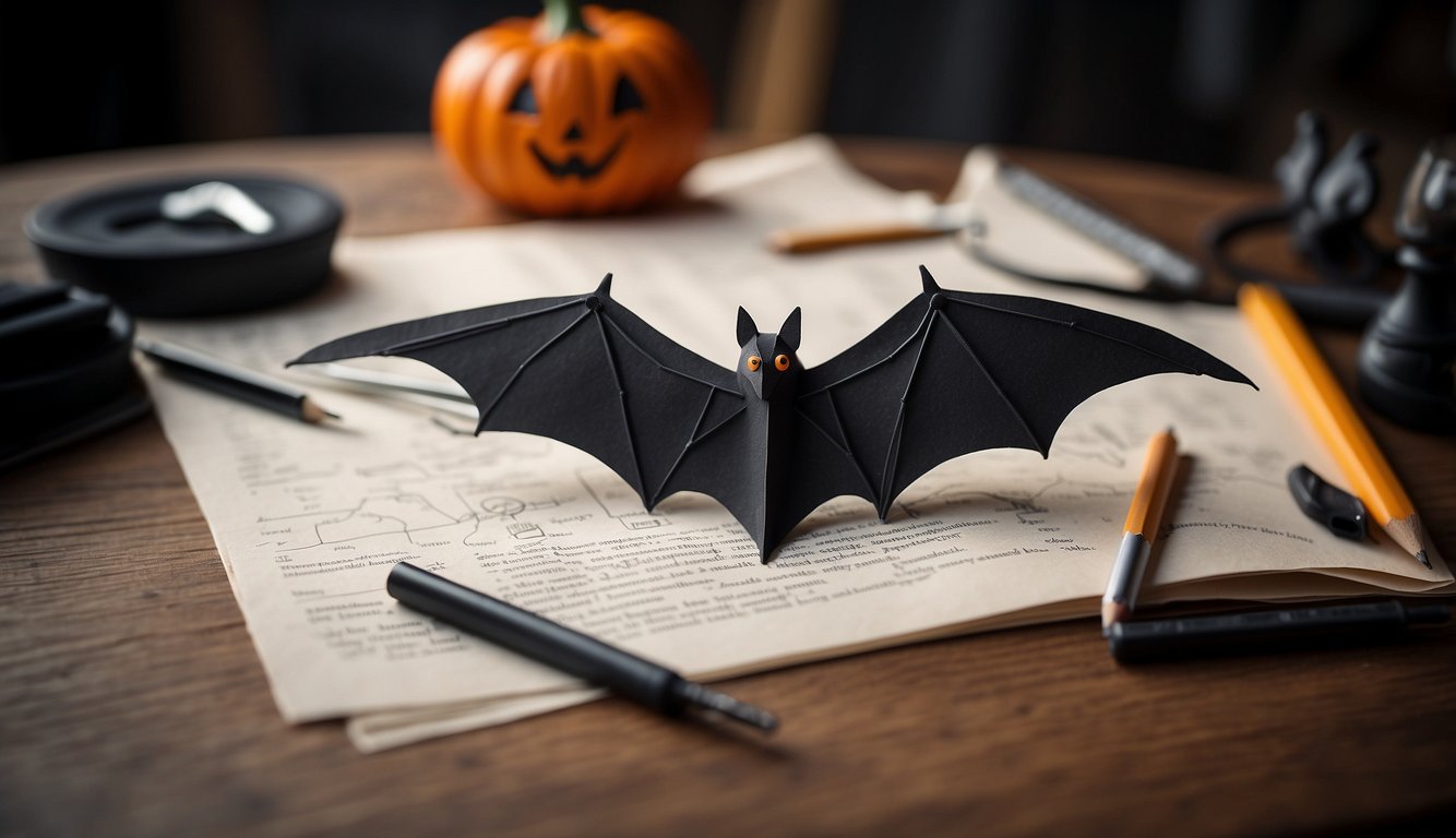 A table with drawing supplies scattered around. A pencil, eraser, and paper ready for sketching. A reference image of a bat  for Halloween pinned up for inspiration How to Draw a Bat for Halloween