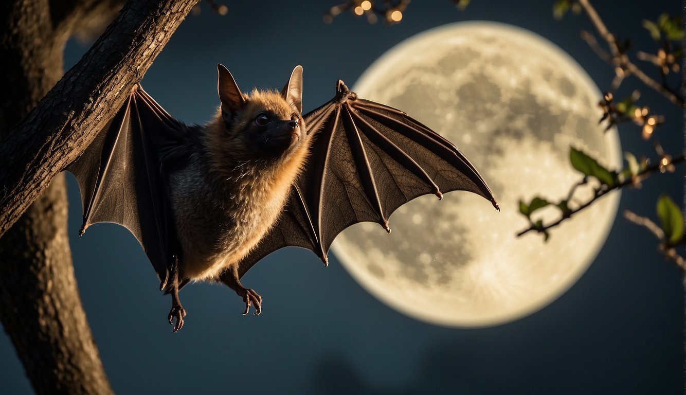 A bat with spread wings and pointed ears, hanging upside down from a tree branch, with a full moon in the background How to Draw a Bat for Halloween