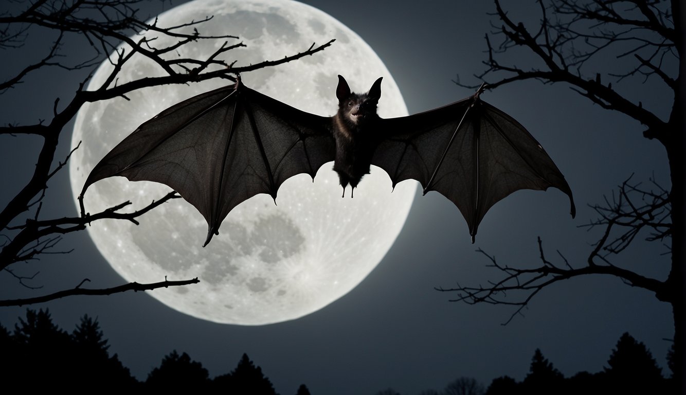 A bat with outstretched wings hangs from a bare tree branch, silhouetted against a full moon. The bat's sharp fangs and pointed ears are emphasized, adding a spooky touch for Halloween How to Draw a Bat for Halloween