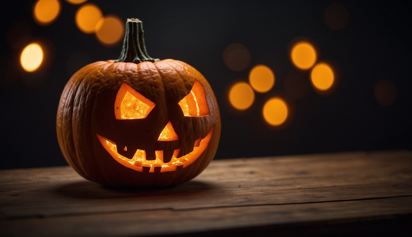 A spooky jack-o-lantern sits on a table with the word "Halloween" written in bold letters above it How to Pronounce Halloween