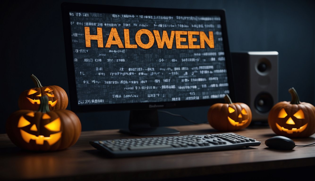 A computer screen displays the word "Halloween" with phonetic symbols underneath. A microphone and speaker are connected to the computer How to Pronounce Halloween
