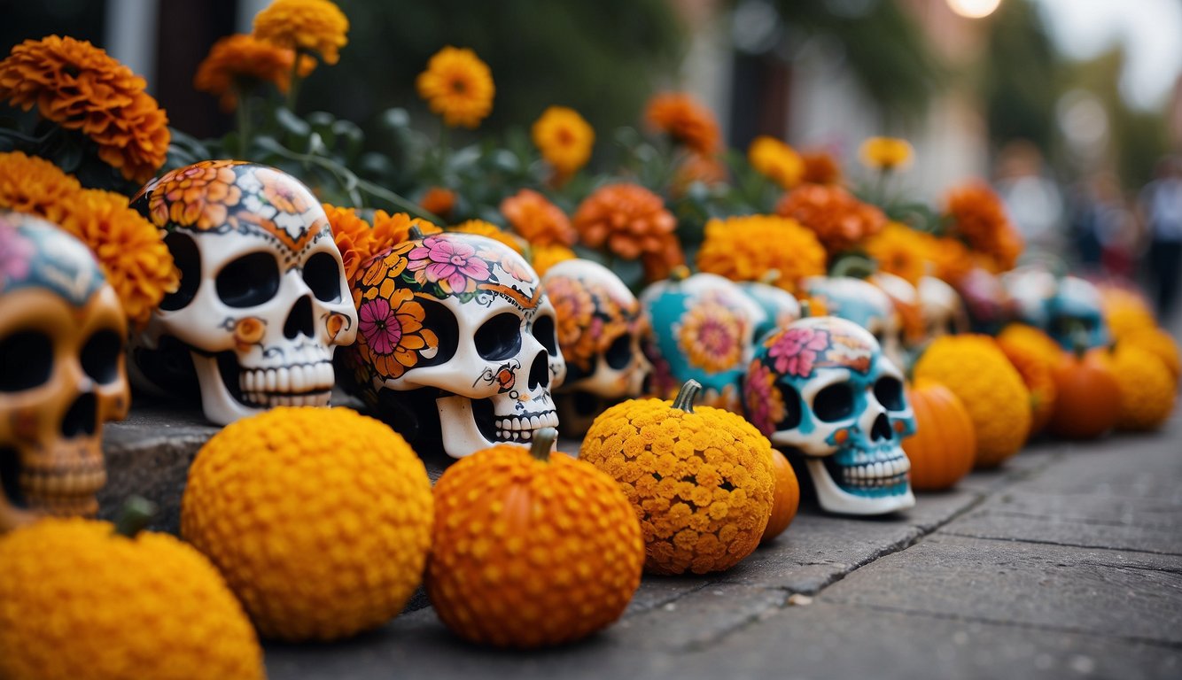 A festive street adorned with marigolds, papel picado, and sugar skulls. Brightly colored altars honor departed loved ones alongside carved pumpkins and spooky decorations How Does Mexico Celebrate Halloween