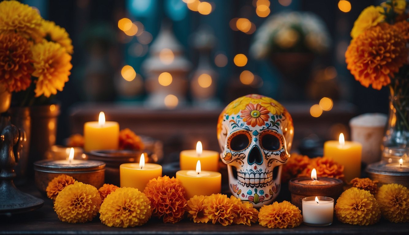 A colorful altar adorned with marigolds, sugar skulls, and candles. Families gather to honor departed loved ones with food and music How Does Mexico Celebrate Halloween
