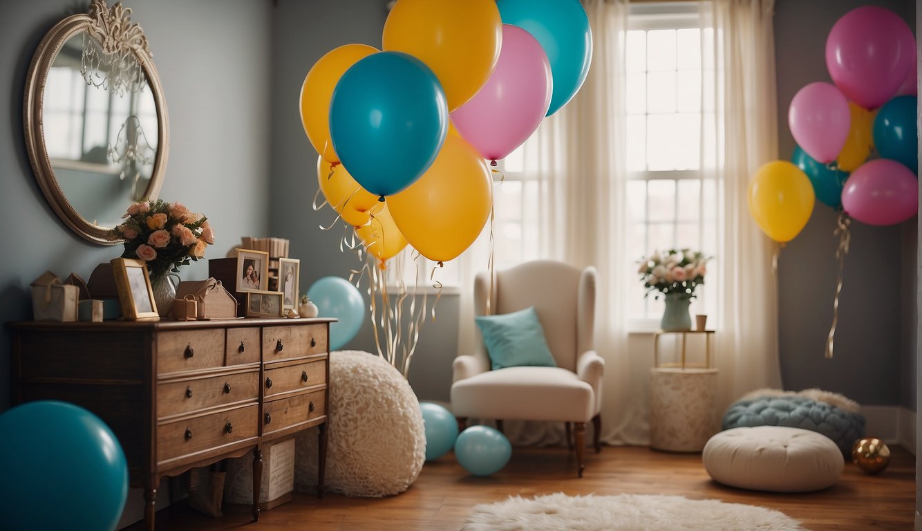 A decorated room with balloons and a sign that reads "Prom?" surrounded by personalized items like photos and favorite things_Prom Proposal Ideas