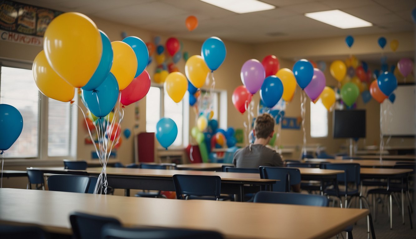 A student decorates a classroom with balloons and signs, preparing for a promposal. They nervously wait for their crush to arrive_Prom Proposal Ideas