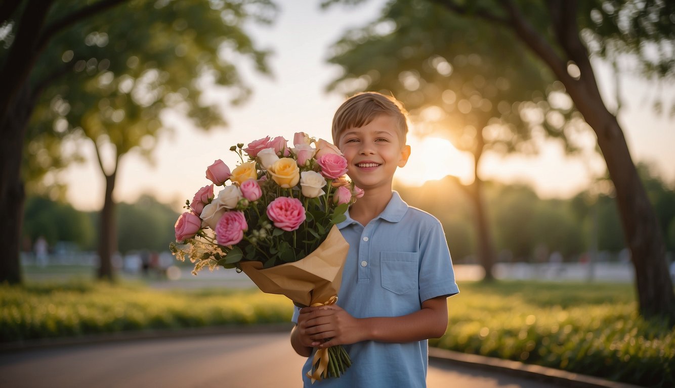 A boy holds out a bouquet of flowers and a sign that reads "Prom?" as a girl smiles in surprise and joy. The setting is a park with a beautiful sunset in the background_Prom Proposal Ideas