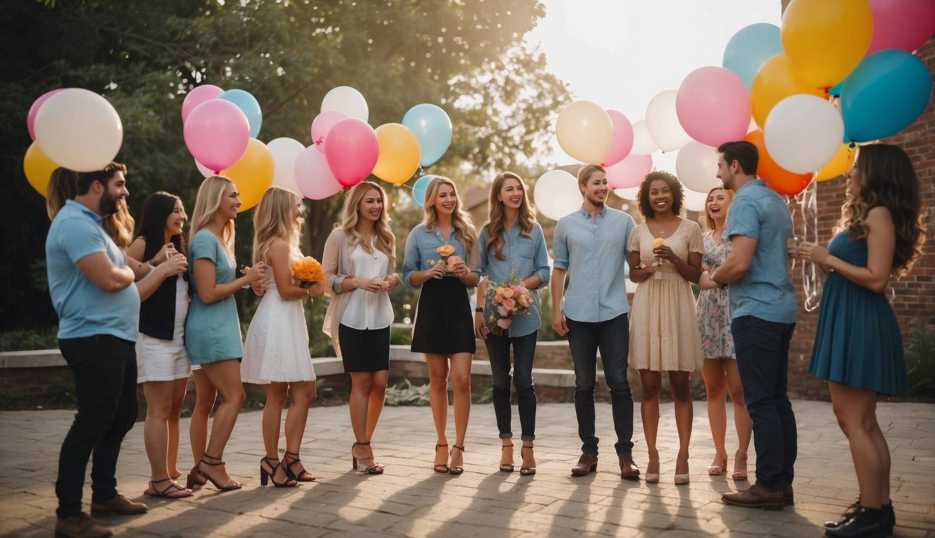 A group of friends and family gather around a creative prom proposal setup, filled with balloons, flowers, and a sign asking the big question_Prom Proposal Ideas