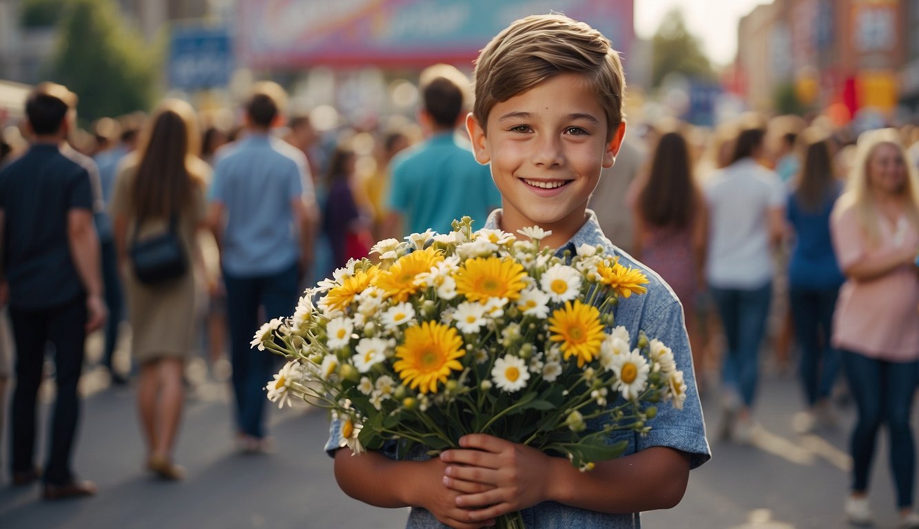 A boy holding a bouquet of flowers stands in front of a large banner that reads "Prom?" with a crowd of onlookers smiling and cheering in the background_Prom Proposal Ideas