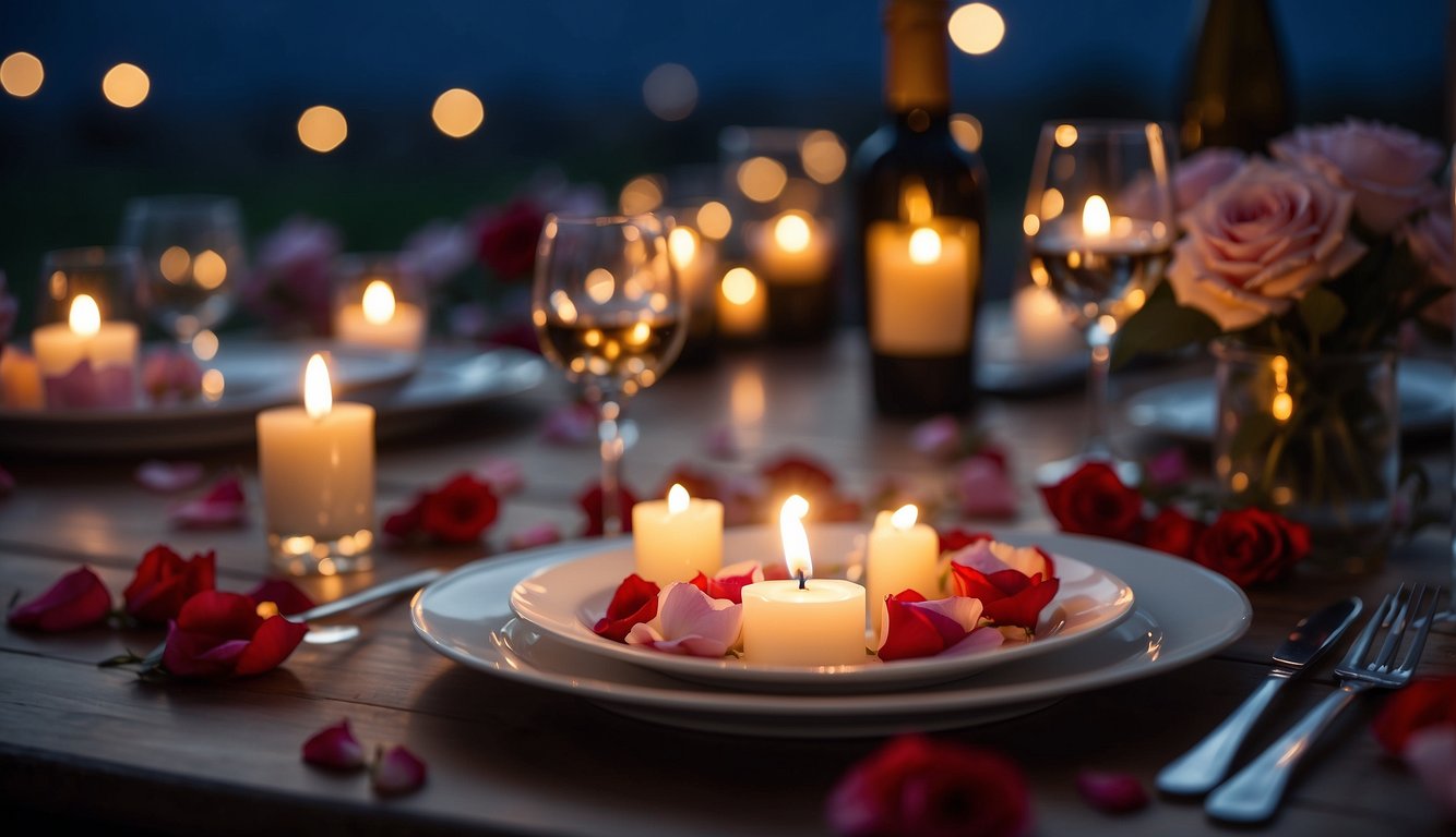 A candlelit dinner with a path of rose petals leading to a romantic proposal under a starry sky_Prom Proposal Ideas
