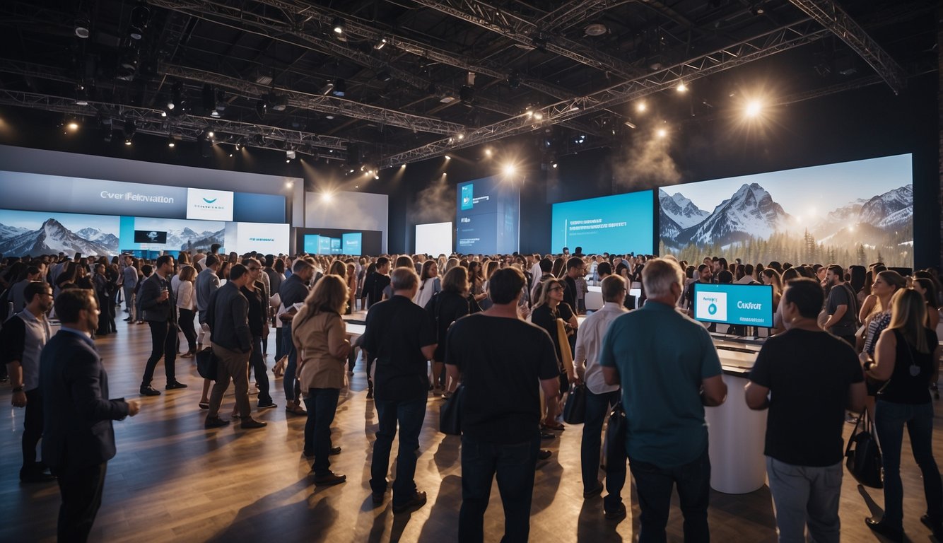 A bustling event with interactive booths, engaging speakers, and vibrant branding displays. Attendees network and participate in hands-on activities_Event Marketing Ideas