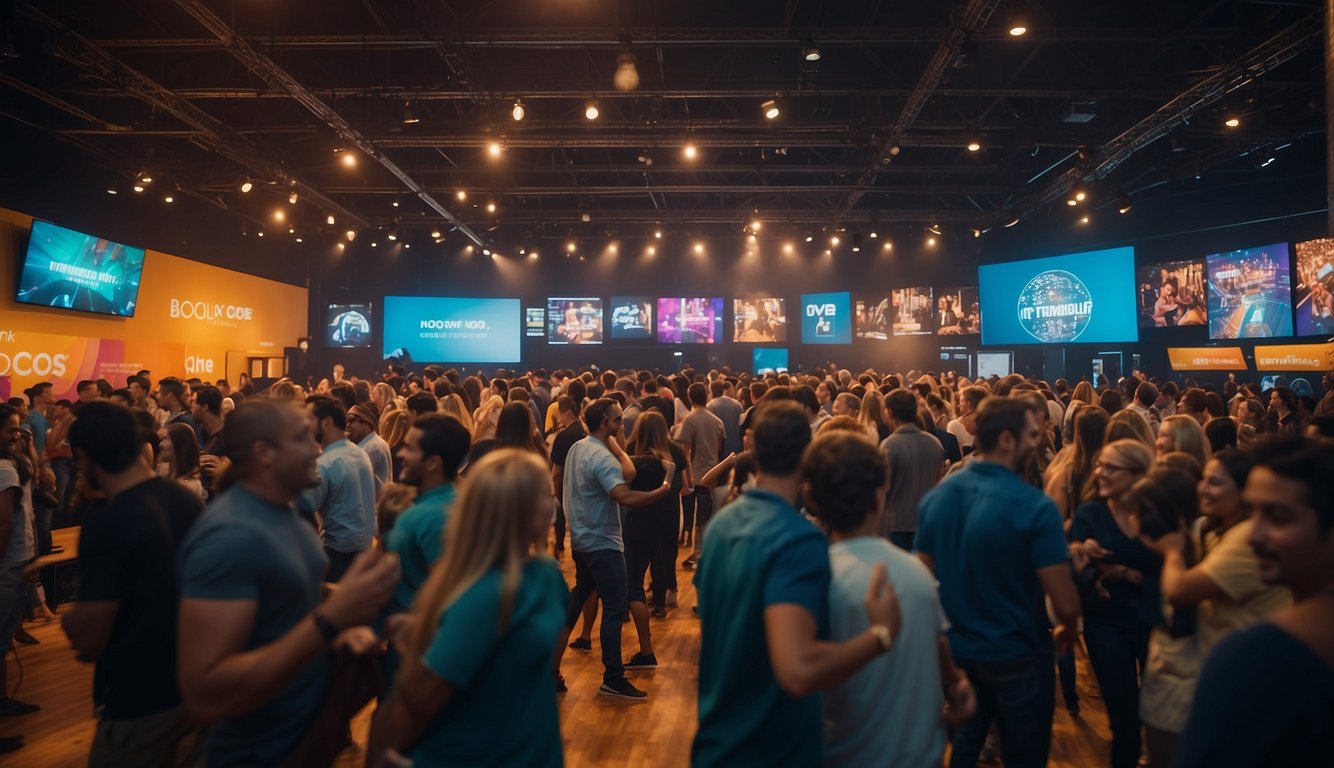 A crowded event venue with interactive booths, engaging activities, and lively conversations. Bright colors and dynamic displays draw in the crowd_Event Marketing Ideas