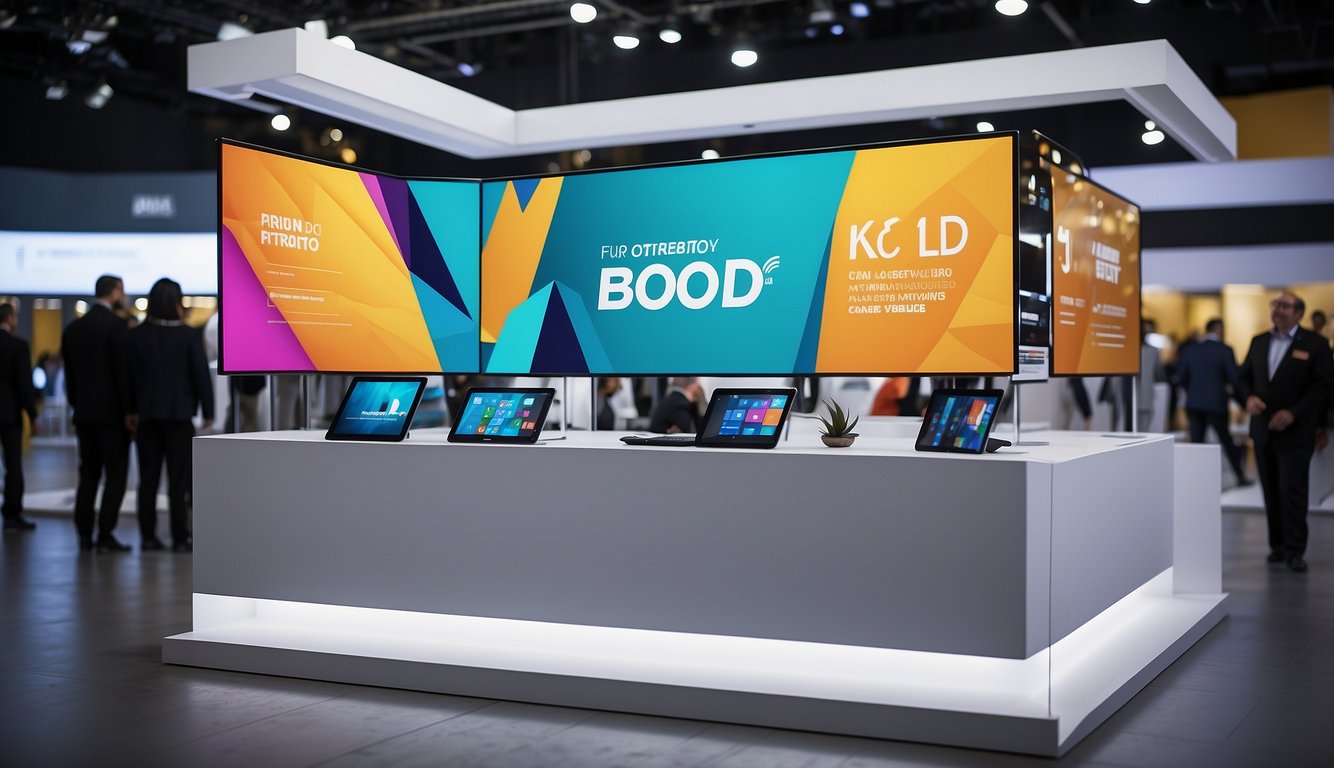 A vibrant event branding display with interactive elements and engaging experiences for attendees. Bold colors, modern design, and clear messaging_Event Marketing Ideas