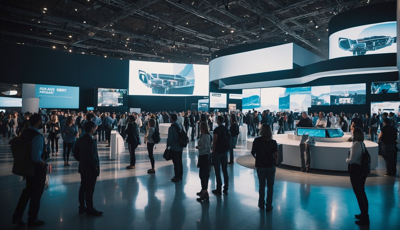 A bustling convention center with interactive displays, futuristic gadgets, and cutting-edge technology. Attendees engage with virtual reality experiences and holographic presentations, while drones and robots roam the floor_Event Marketing Ideas