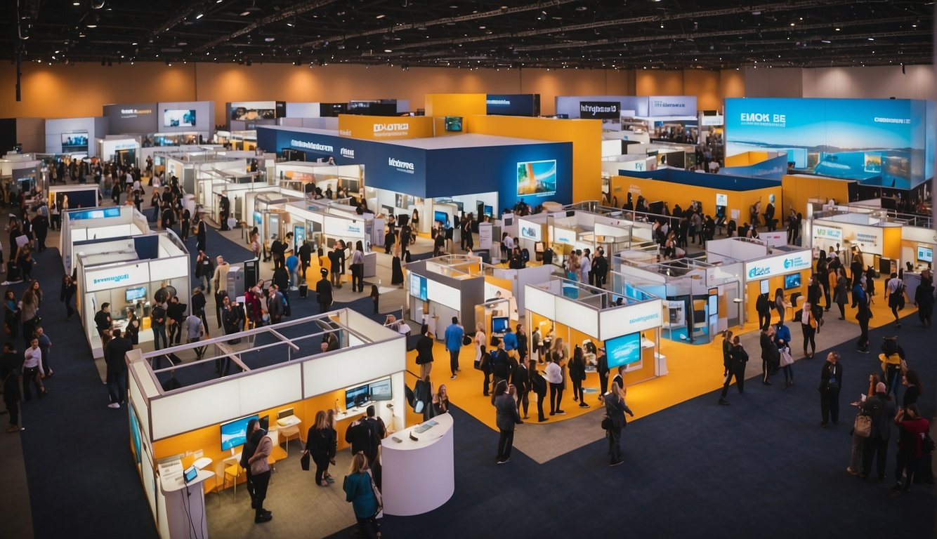 A bustling trade show floor with colorful booths and engaging activities. Attendees eagerly interact with interactive displays and branded merchandise. Excitement and energy fill the air_Event Marketing Ideas
