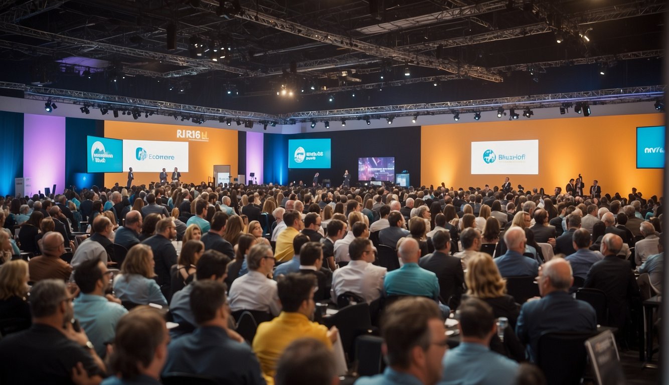 A bustling conference hall with vibrant branding, interactive booths, and engaging speaker sessions. Attendees network and exchange ideas, while event staff oversee logistics and ensure a seamless experience_Event Marketing Ideas