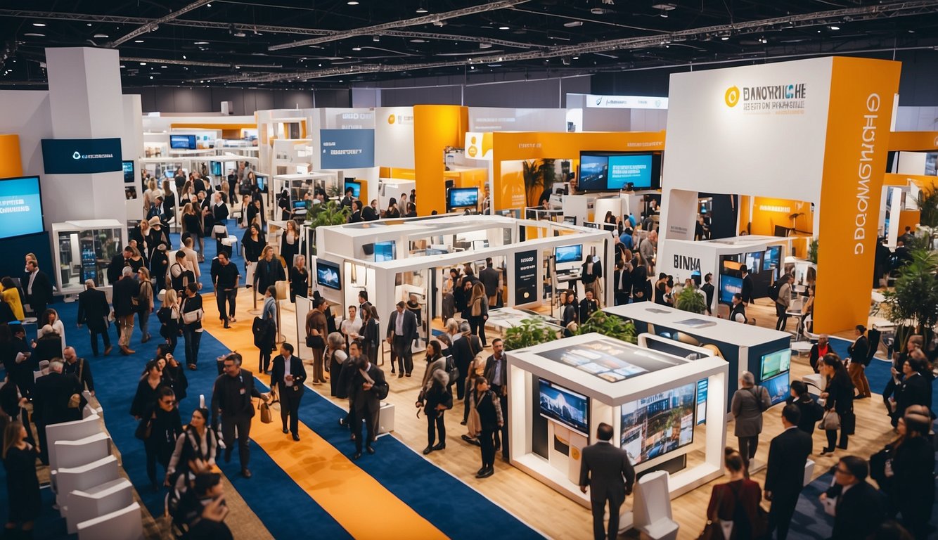 A bustling trade show with interactive displays, engaging product demos, and a crowd of enthusiastic attendees. Bright, eye-catching signage and branded promotional materials create a dynamic and vibrant atmosphere_Event Marketing Ideas