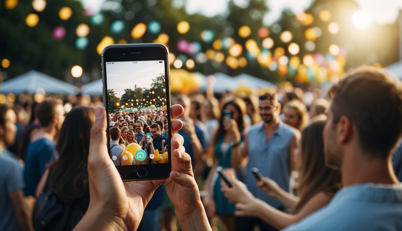 A group of people at an event, holding up their smartphones and using Snapchat to apply a custom filter. The event is lively and colorful, with a festive atmosphere_How to Make a Snapchat Filter for an Event 