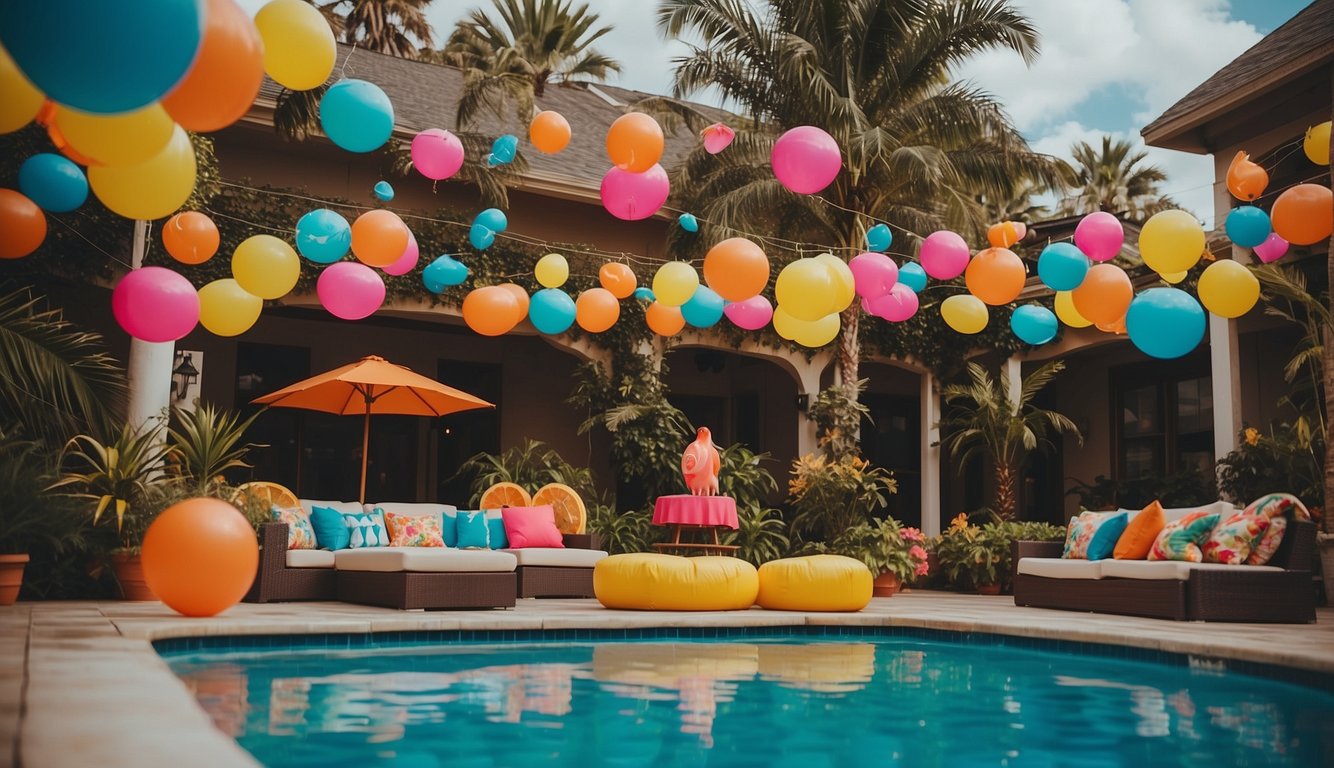 A poolside with colorful inflatables, tropical-themed umbrellas, and floating drink holders. Bright lights and vibrant decorations set the scene for a lively bachelorette pool party_Bachelorette Pool Party Ideas