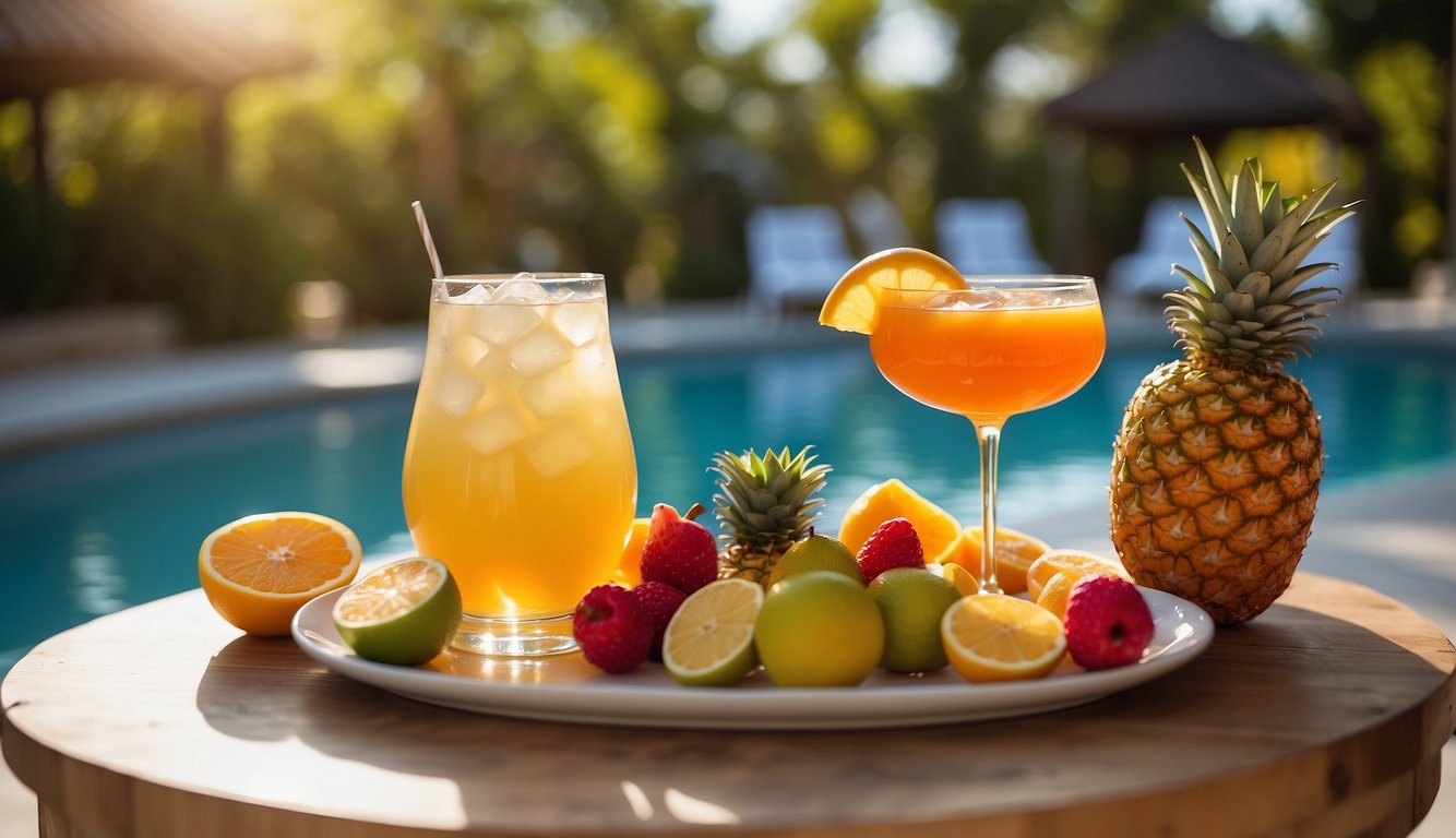 A colorful spread of tropical cocktails and fresh fruit platters set against a backdrop of a sparkling pool and vibrant bachelorette decor_Bachelorette Pool Party Ideas