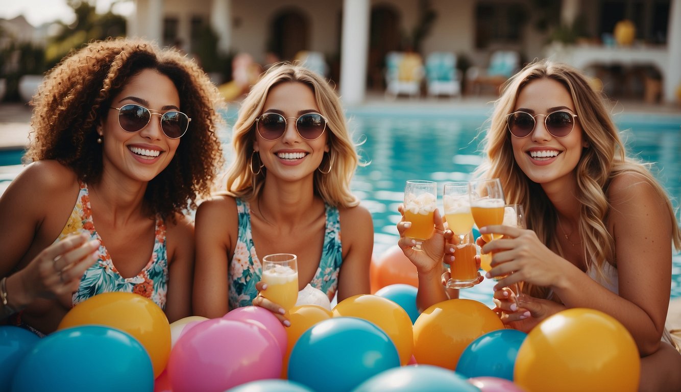 A group of women laughing and enjoying drinks by the pool, with colorful floats and decorations adding to the festive atmosphere_Bachelorette Pool Party Ideas