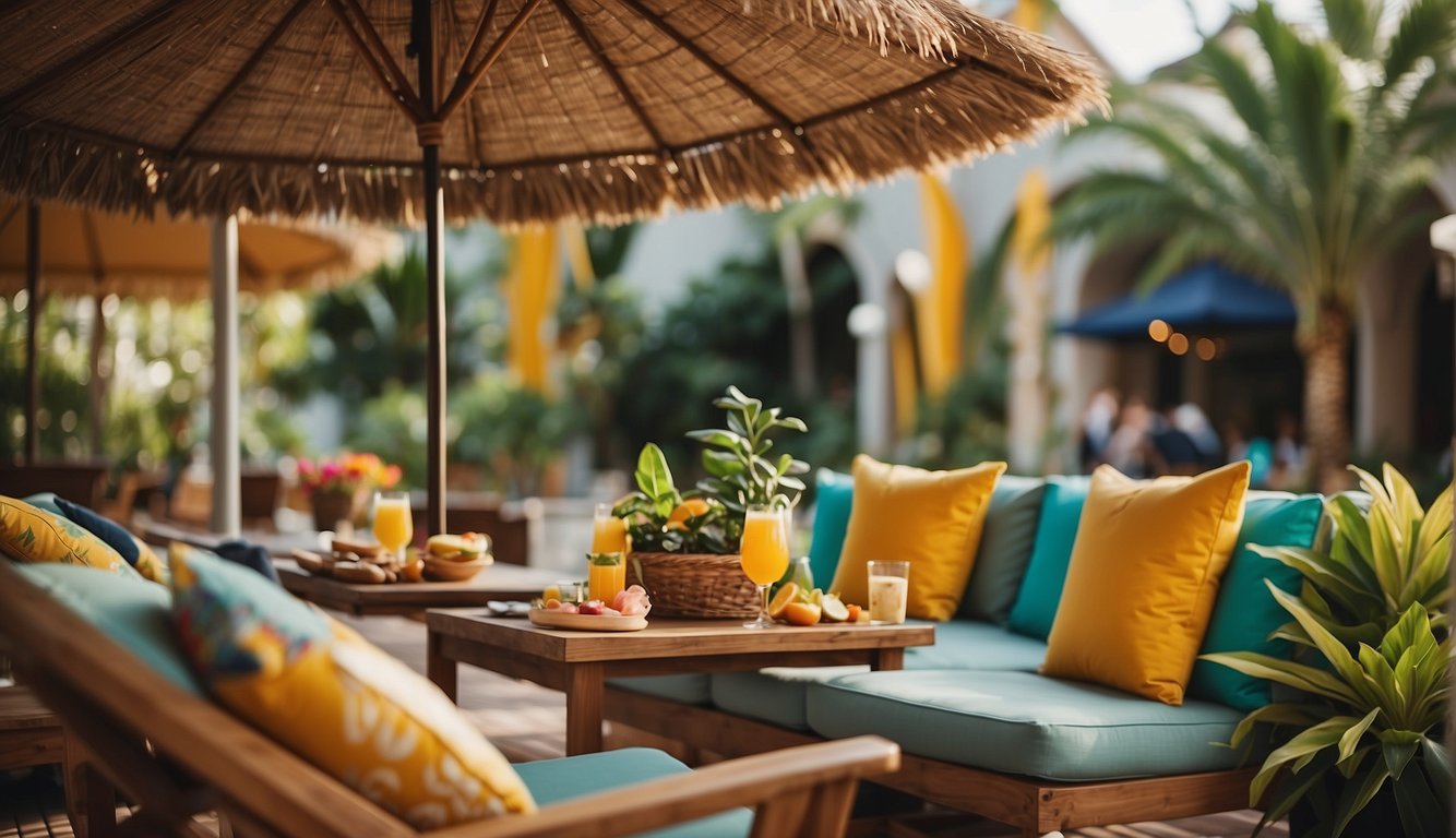 A poolside cabana with cozy seating, colorful umbrellas, and tropical plants. Refreshing drinks and snacks are set up on a nearby table_Bachelorette Pool Party Ideas