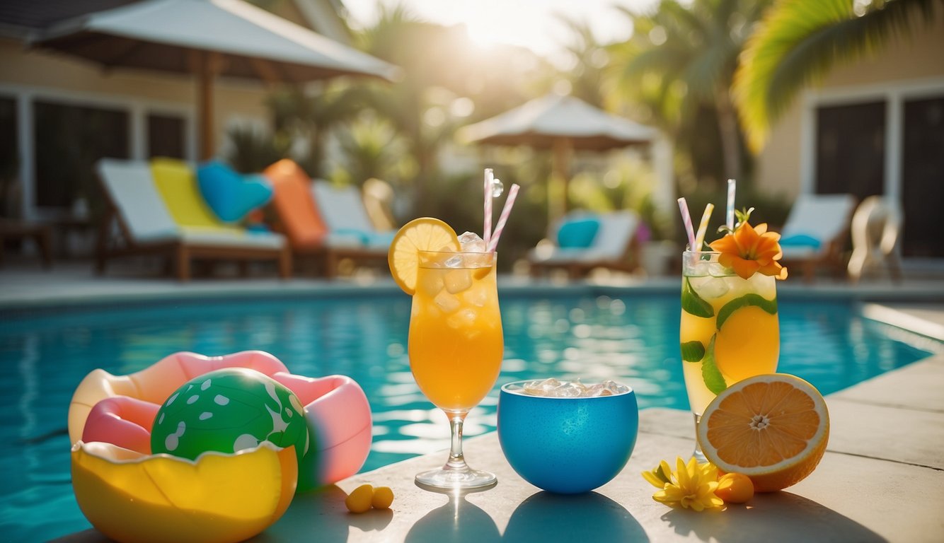 Sunbathing, cocktail sipping, and water games at a lively bachelorette pool party. Colorful floaties and tropical decor add to the festive atmosphere_Bachelorette Pool Party Ideas