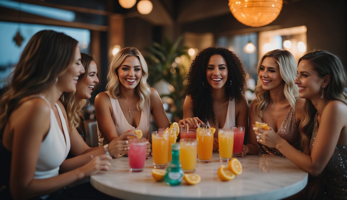 A group of women gather around a table, laughing and chatting, as they select colorful drink options for their bachelorette party games_Drink If Bachelorette Party Game