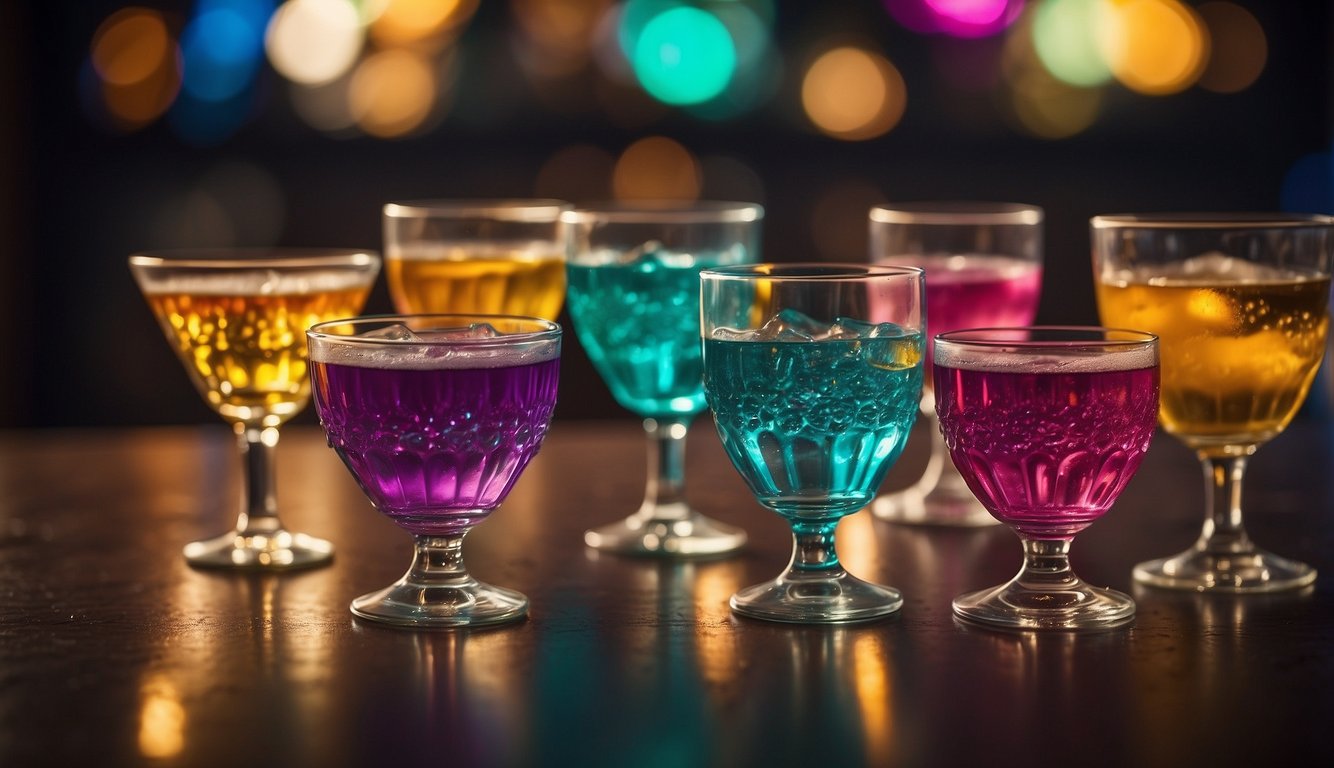 A group of glasses filled with various drinks arranged on a table, with colorful labels and decorations, ready for a bachelorette party game_Drink If Bachelorette Party Game