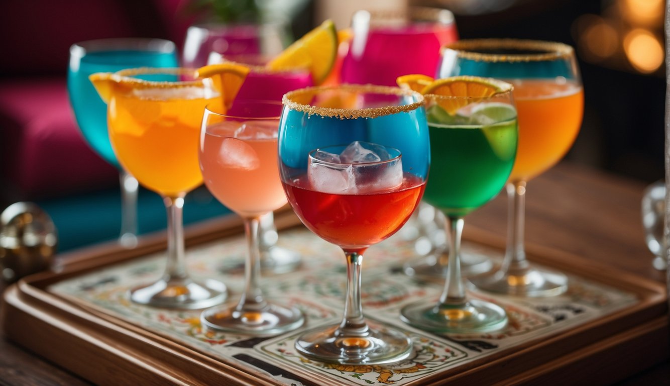 A group of colorful cocktail glasses arranged in a circle, with a deck of cards in the center and a sign that reads "Drink If Game - A Bachelorette Classic" in bold, playful font_Drink If Bachelorette Party Game