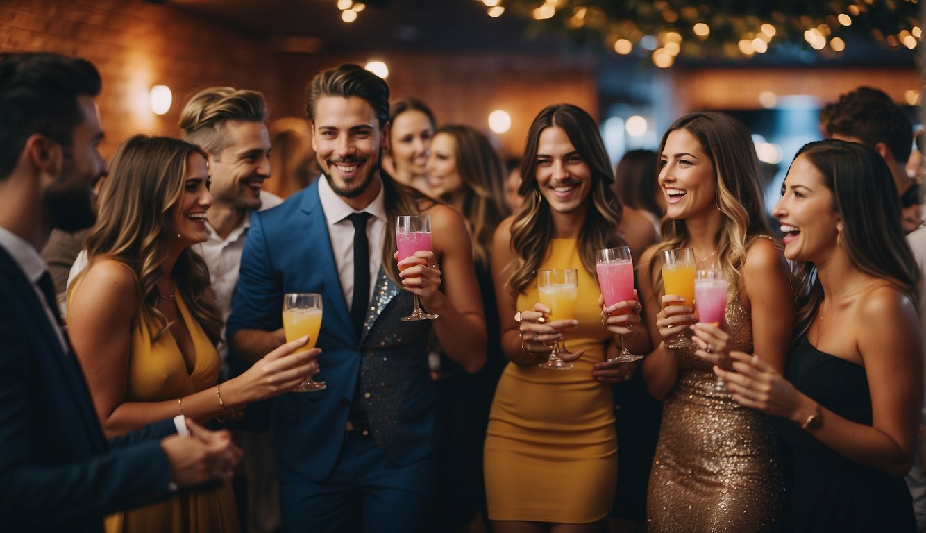 Guests mingle, holding colorful drinks, laughing and chatting. Games and activities bring everyone together at the bachelorette party_Drink If Bachelorette Party Game