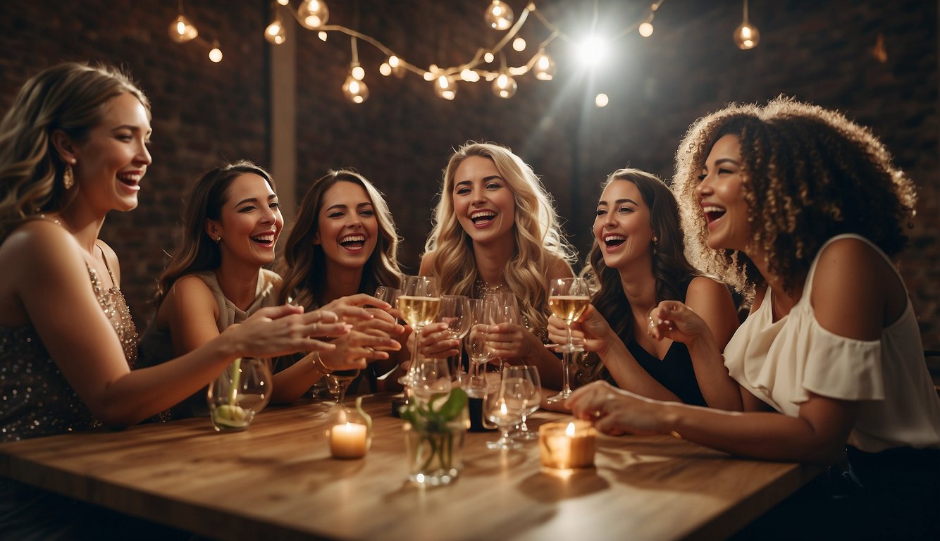A group of women gather around a table, laughing and cheering as they play interactive games involving the groom at a bachelorette party_Bachelorette Party Games