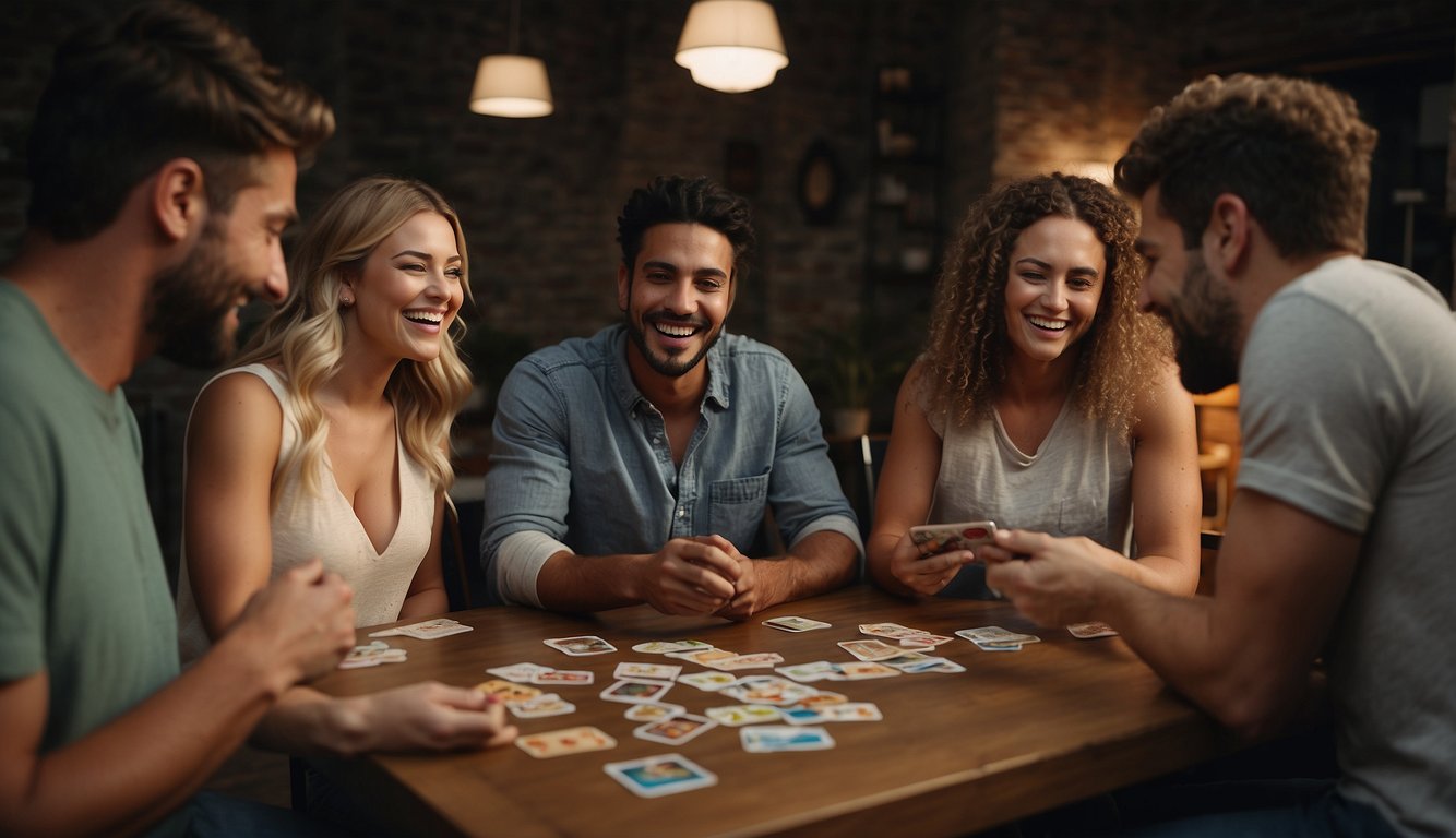 A group of friends gathered around a table, laughing and sharing stories while playing a game. Question cards are spread out, with one person drawing a card and reading it aloud to the group_Bachelorette Party Game Questions