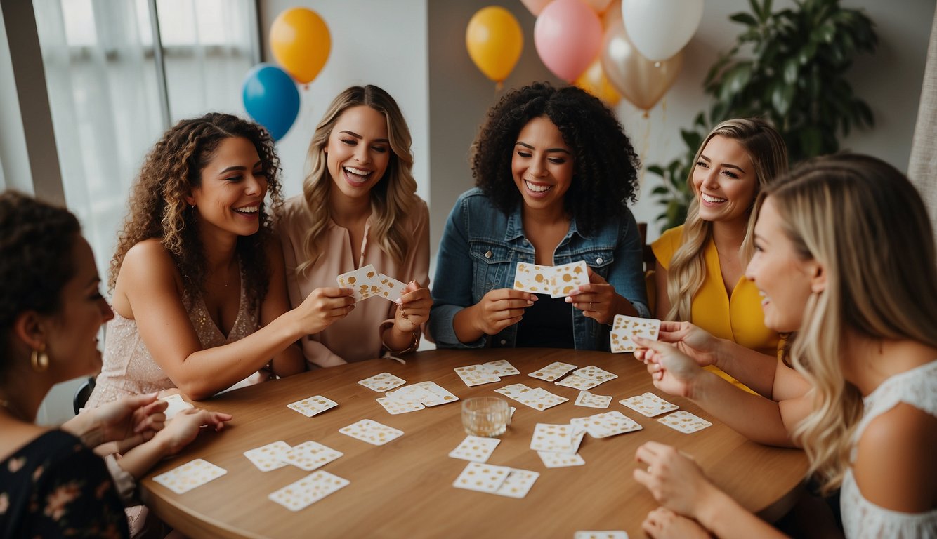A group of women gather around a table, holding cards with bachelorette party game questions. Laughter and excitement fills the air as they carefully select the perfect games for the bride-to-be's special celebration_Bachelorette Party Game Questions
