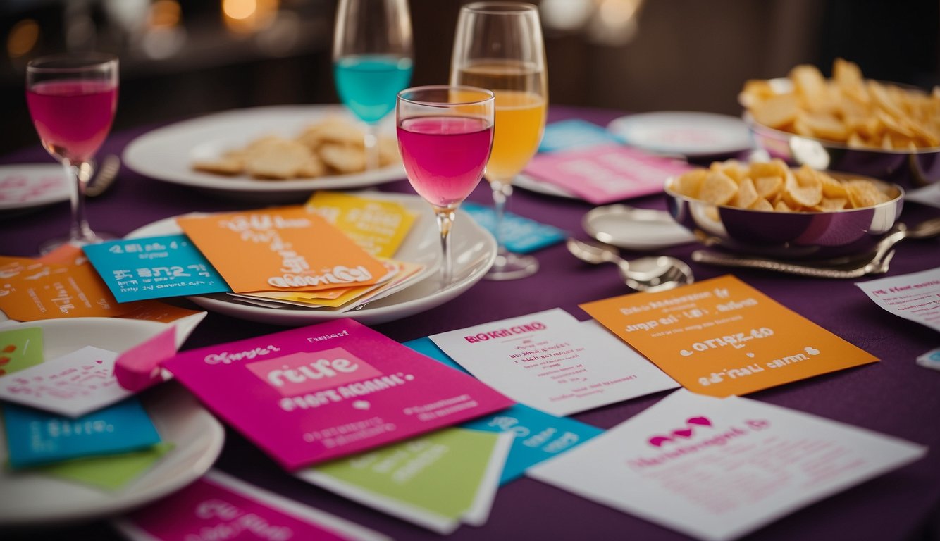 A table is covered in colorful bachelorette party game question cards. Decorations and snacks are arranged nearby for pre-party planning and organization_Bachelorette Party Game Questions