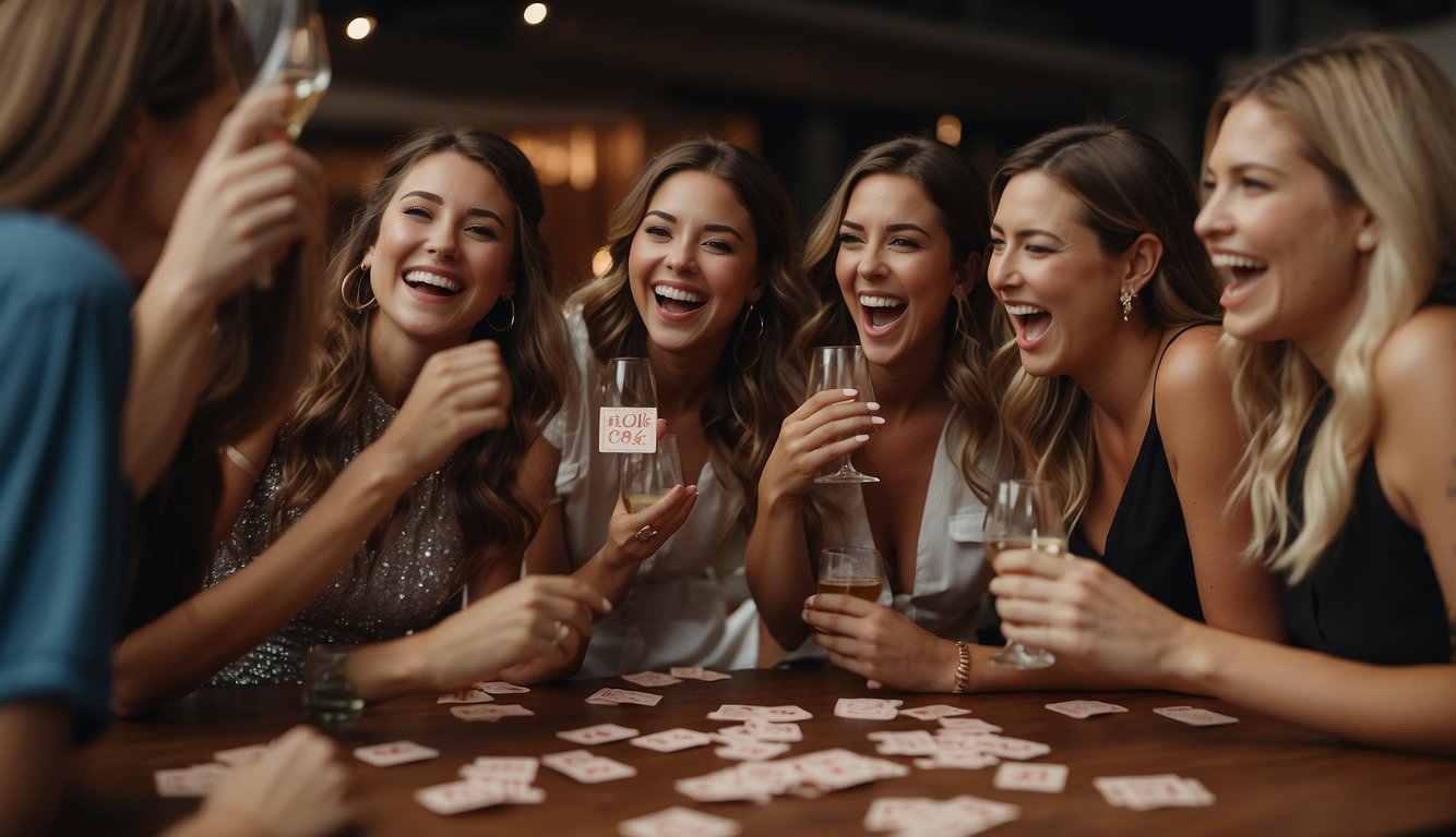 A group of women laughing and cheering as they play bachelorette party games, with question cards scattered on the table_Bachelorette Party Game Questions