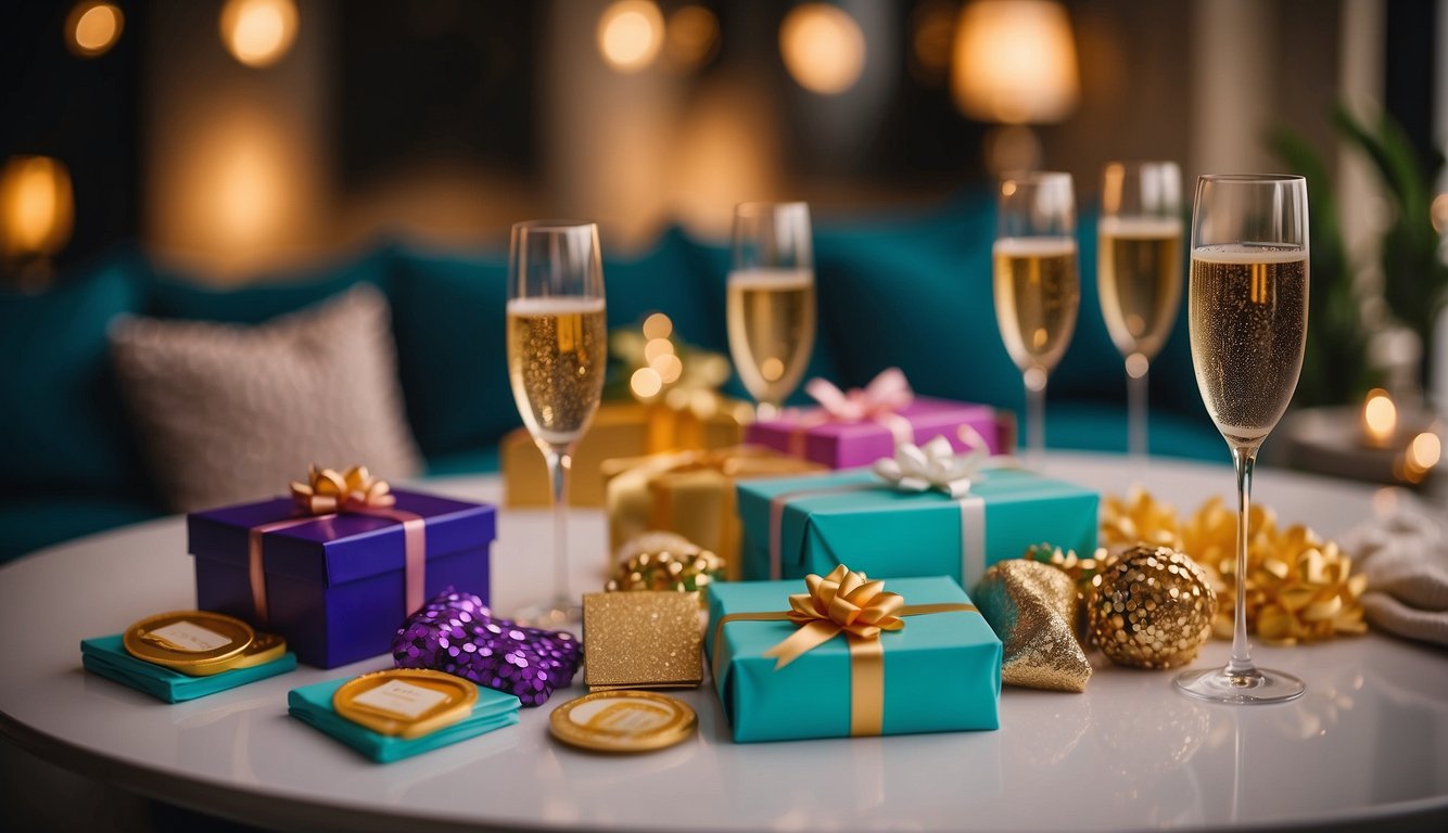 Colorful prizes displayed on a table, including gift cards, champagne, and spa vouchers. Laughter and excitement fill the room as the bachelorette party games commence_Bachelorette Party Game Questions