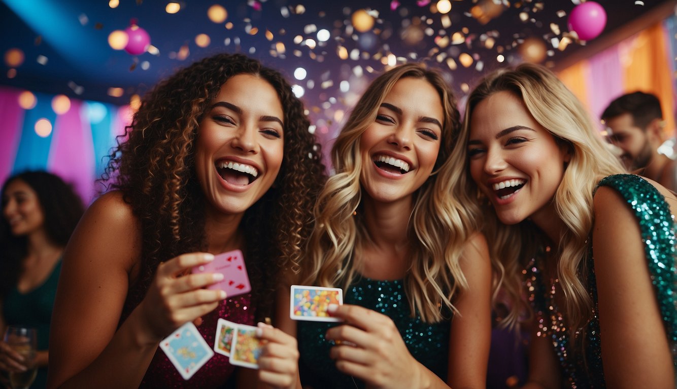 A group of women laughing and chatting, holding cards with bachelorette party game questions, surrounded by colorful decorations and confetti_Bachelorette Party Game Questions