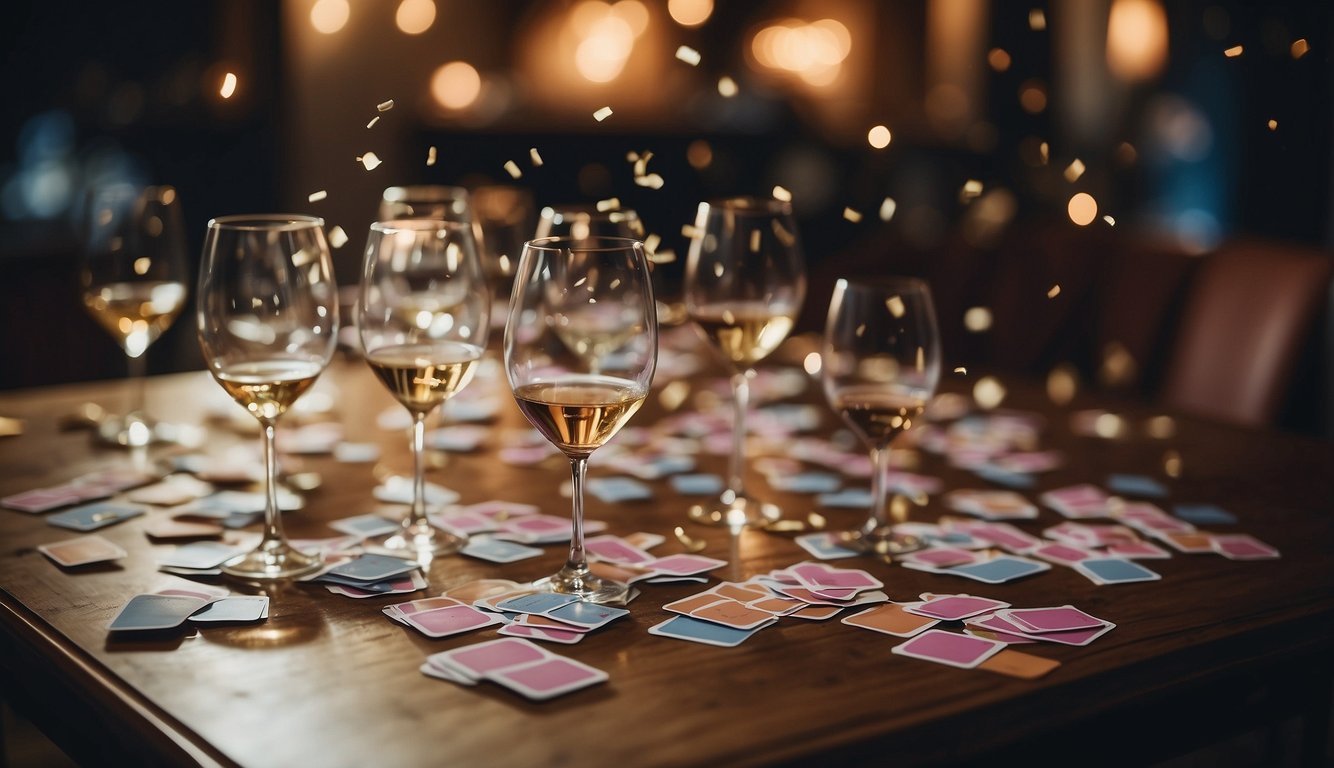 A table scattered with bachelorette party game cards, empty glasses, and confetti. Laughter echoes in the dimly lit room as friends continue the fun_Bachelorette Party Game Questions